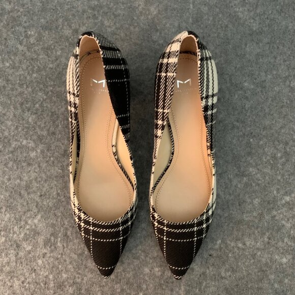 Marc Fisher Women’s Black and Off White Plaid Chunky Heel Pointed Toe Shoes - Picture 7 of 13